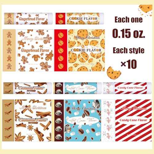 50pcs Christmas Peppermint Candy Flavor Lip Balms Gift Bulk Candy Gingerbread Hot Cocoa Cookie Cinnamon Flavor Lip Balm Christmas Party Gift Stocking Stuffer for Coworker Staff Employee (Cute)