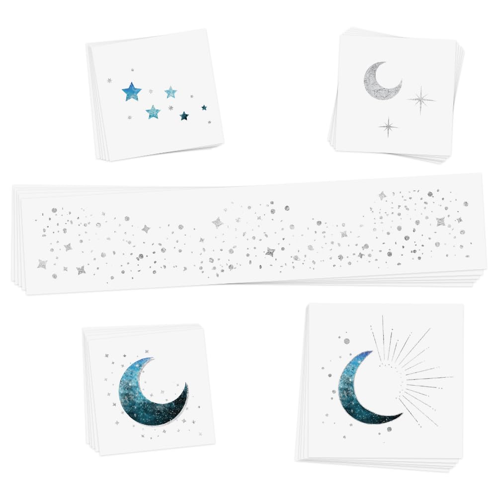 Flash Tattoos MOONLIGHT Silver Glitter Face Freckles and Body Tattoos – 25 Premium Celestial Magic Metallic Patches with Cosmic Stars & Moons - Festival & Concert Makeup, Parties, Face Gem Beauty