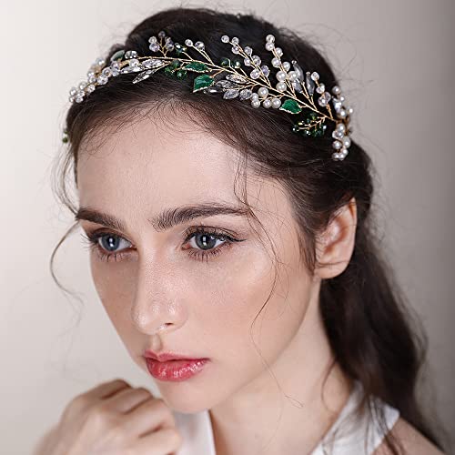 Bridal Cute Flowers Headband for Bride Bridesmaid Green leaf Crystal Hair Piece Beads Hair Vine