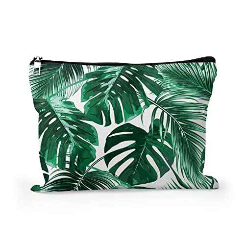 Cafl Hawaiian Palm Leaf Makeup Bag Tropical Palm Trees Cosmetic Bag Zipper Pouch Large Toiltry Bag Travel Linen Make Up Organizer Purse for Women 10¡¿8Inch