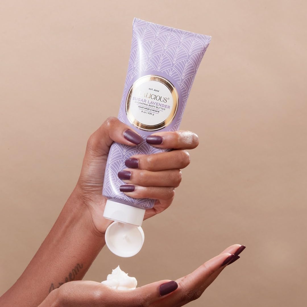 LALICIOUS Sugar Lavender Whipped Body Butter 8oz | Ultra-Hydrating Shea Butter Body Cream with Hyaluronic Acid, Vitamin C & Peptides | Deep Moisturizing Lotion for Dry Skin | Calming Lavender Scent