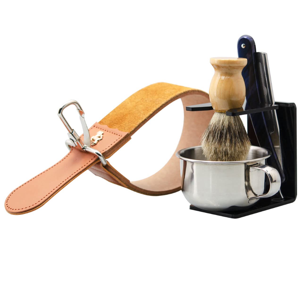Grandslam Straight Razor Kit - Steel Cutthroat Shaving Set with Badger Hair Brush & Leather Strop | Perfect Gift for Men
