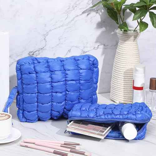 Meanplan 2 Pcs Puffy Quilted Makeup Bag Puffer Cosmetic Bag Travel Solid Cute Organizer Checkered Makeup Pouch for Women