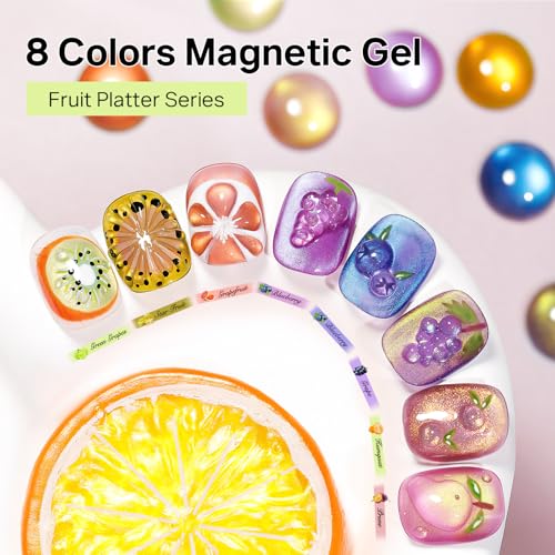 MIZHSE Cat Eye Gel Nail Polish, Fruit Colors Magnetic Gel Polish Set with Magnet, Neon Cateye Effect Green Purple Yellow Soak Off Nail Art Manicure Home Gift for Ladies