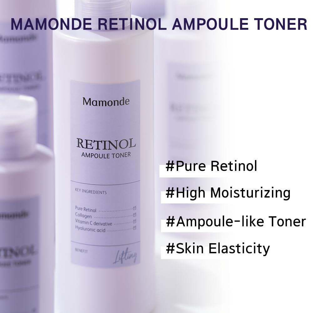 Mamonde Retinol Vegan Face Toner - Korean Daily Anti-Aging Ampoule-Like Texture for Sensitive Skin, Hyaluronic Acid, Vitamin C, Dermatologically Tested, 8.45 Fl Oz.