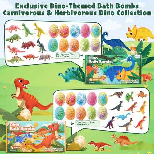 Dinosaur Bath Bombs for Kids with Surprise Inside, 20 Pack Natural Dino Egg Bath Bombs with Exclusive Carnivorous & Herbivorous Dinosaur Toys, Birthday Party Favors for Boys, Girls