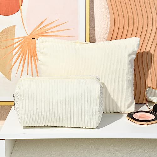 SOIDRAM 2 Pieces Corduroy Makeup Bag Large Corduroy Cosmetic Bag Capacity Canvas Mix Travel Toiletry Bag Organizer Cute Makeup Brushes Aesthetic Accessories Storage Bag for Women