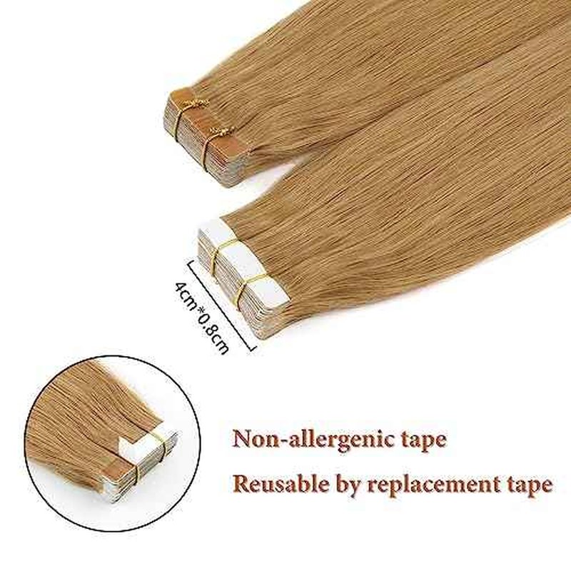 Lovrio Tape in Hair Extensions Straight Hair, 27 Strawberry Blonde Seamless Skin Weft Human Hair 50 Gram 14 Inch 20 Pieces