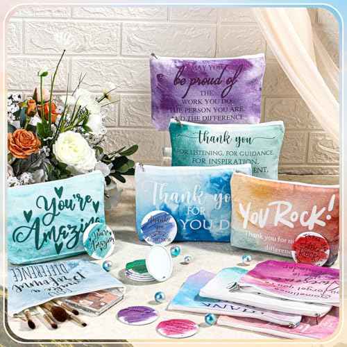 40 Pcs Employee Appreciation Gifts Inspirational Canvas Makeup Bags Compact Mirrors Bulk Cosmetic Bags Portable Mirror Thank You Gifts for Women Christmas Nurse Practitioner (Appreciation)