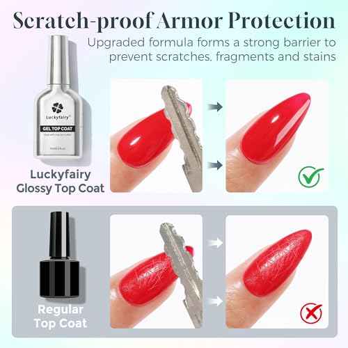 Gel Base and Top Coat Set: 15ml Rubber Base Coat, No Wipe Glassy Top Coat Gel Nail Polish, Acid-free Soak Off Combination for Nail Strengthener, Long Lasting Manicure DIY at Home Lamp Cure