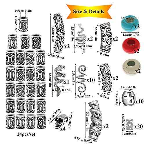 85Pcs Viking Norse Rune Beard Beads Ring Hair Braids Dreadlock Dreads Skull Snake Wolf Cross Turquoise Filigree Cuff Pirate Accessories Clips Pins Tube Locs Hair Extension Jewelry Vintage Silver