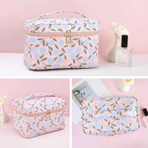 MAANGE Travel Makeup Bag, Cosmetic Bag, Portable Large Capacity Makeup Case, Make Up Organizer For Women, Oxford Cloth Toiletry Bag With Handle (Pink Plants)
