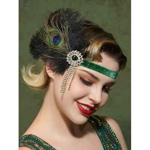 SWEETV 1920s Flapper Headpiece for Women, Roaring 20s Flapper Headband Great Gatsby Hair Accessory for Women,Green