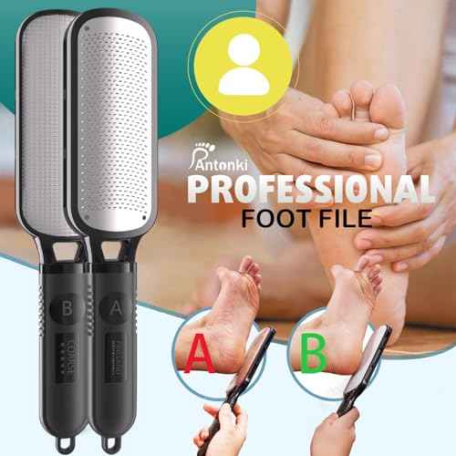 Antonki Foot File for Dead Skin, Double Sided Callus Remover for Feet, Metal Foot Scrubber for Cracked Heel, Professional Foot Scraper Rasp Pedicure Tool to Remove Hard Skin - 2 in 1 Foot File