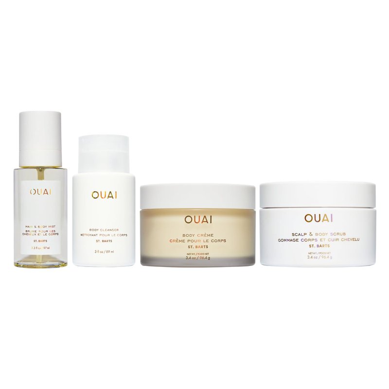 OUAI St. Barts Travel Bundle | Scalp & Body Scrub, Shower Gel, Hydrating Cream & Mist - 4 Travel Size Products (3.4 Oz)