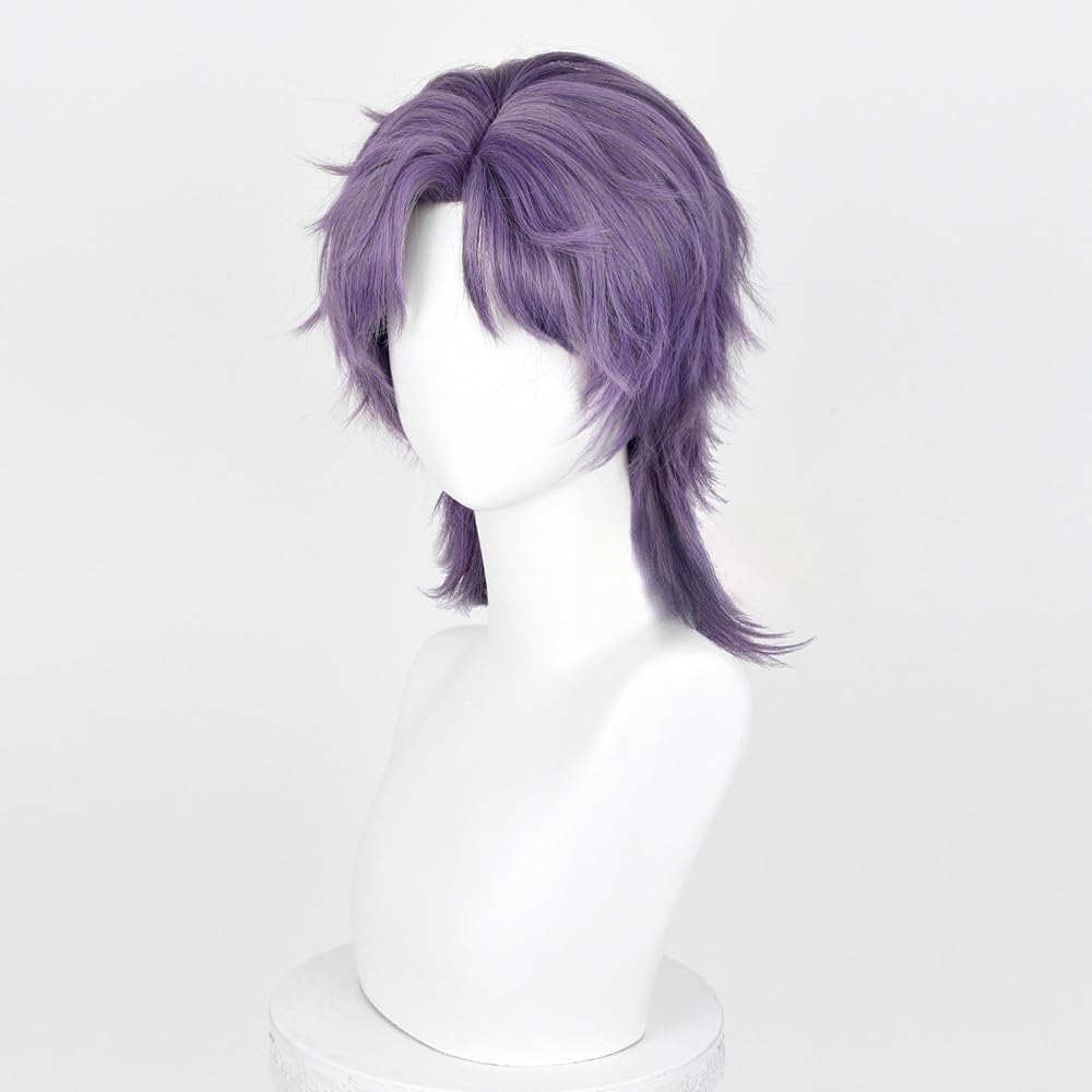 huafan luxkazya Mens Purple Grey Cosplay Wigs Male Short Wolf Cut Layered Mullet Wig Realistic Anime Costume Wigs Heat Resistant Synthetic Wig for Halloween Party