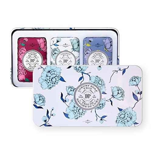 La Chatelaine Luxury Bar Soap Trio Gift Set Tin ? Winter White | Made in France | Natural and Organic Soap Bars | Shea Butter Formula | 3 x 7 oz / 200g (Cherry Almond, Coconut Milk, Lychee Bilberry)