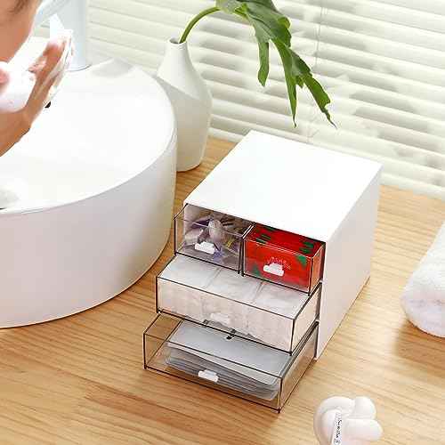 Makeup Organizer with 4 Drawers, Desk Organizer, Cosmetics Storage Box for nail polish, Lipstick, Brushes, Jewelry, Skincare, Bathroom Organization Boxes - White