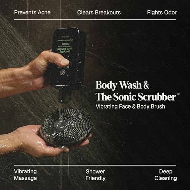Black Wolf Body Wash & Sonic Scrubber Pro Kit for Men - Vibrating Face & Body Brush with Charcoal Powder Shower Gel, Water Resistant Massage Brush & Salicylic Acid Body Wash, Rich Lather & Deep Clean