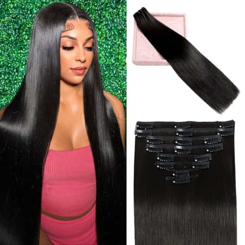 Clip in Hair Extensions Real Human Hair, 20 Inch 105g 100% Remy Human Hair Clip in Extensions for Women, Invisible Straight Seamless Clip ins Hair Extensions 8pcs Double Weft #1B Natural Black