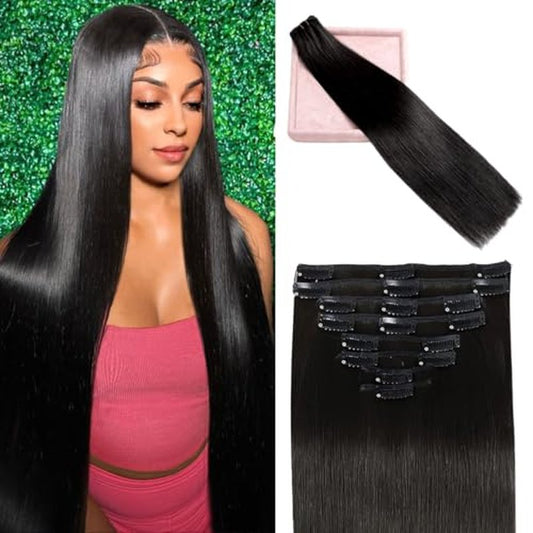 Clip in Hair Extensions Real Human Hair, 20 Inch 105g 100% Remy Human Hair Clip in Extensions for Women, Invisible Straight Seamless Clip ins Hair Extensions 8pcs Double Weft #1B Natural Black