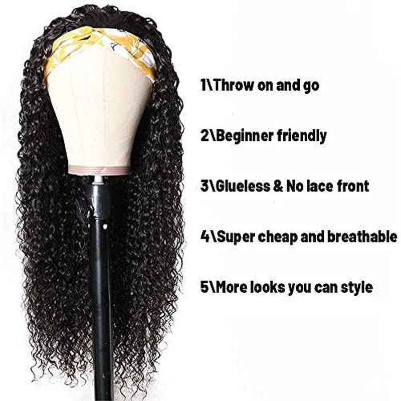 Deep Wave Headband Wig Human Hair Curly Headband Wigs for Black Women Human Hair 28 Inch Glueless None Lace Front Wig Brazilian Virgin Hair Wear and Go Wigs 150% Density Natural Black Color