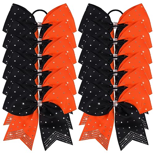 CEELGON Large Rhinestones Cheer Bows, 12 PCS Glitter 7" Cheer Bows Ponytail Holder for Cheerleaders Girls Softball Sports Competition (Orange/Black)