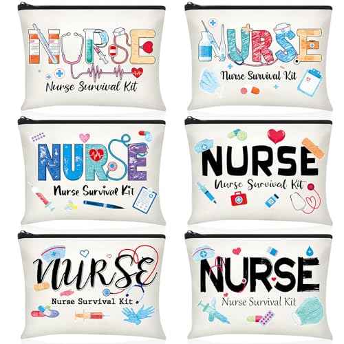 Photect 6 Pieces Nurse Makeup Bags Nurse Canvas Cosmetic Bag Survival Kit Travel Pouch Bag Gift for Women Girls Nurses School Practitioner Supplies(Beige)