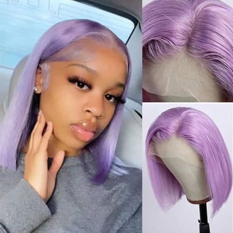 Lilac Lace Front Wigs Human Hair,13x4 Glueless HD Lace Bob Wigs Human Hair Pre Plucked Hairline with Bleached Knots Straight Brazilian Virgin Hair 10" 150% Density Purple Short Bob Wigs for Women