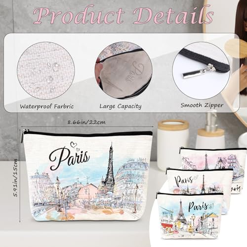 Paris Gifts Travel Essentials - 4Pcs Eiffel Tower Makeup Bag, France Paris City Watercolor Cosmetic Bags with Zipper Pouch, Weekend Vacation Trip Gifts for Travellers Women Girls