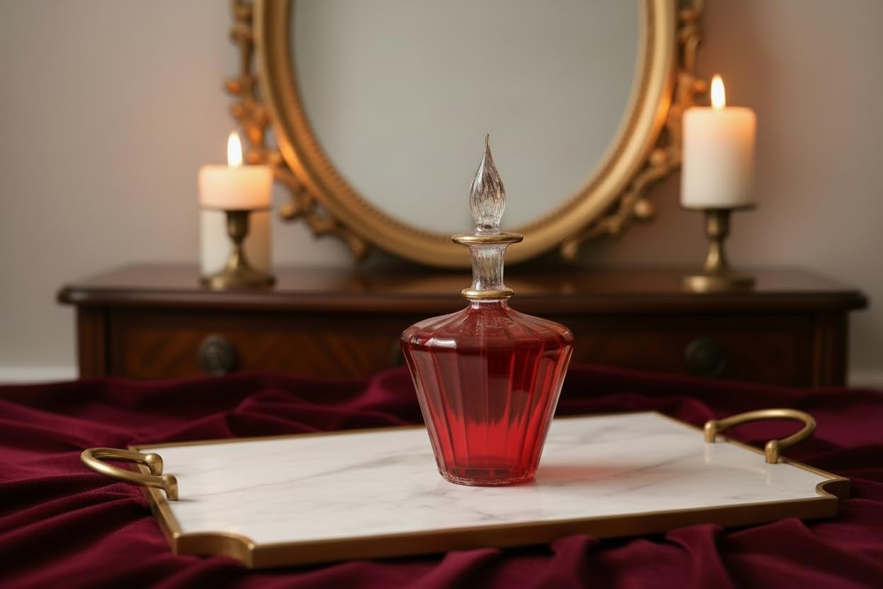 Les Trois Pyramides Hand-Blown Red Glass Perfume Bottle with 14K Gold Detailing | Refillable Decorative Glass Bottle | Egyptian Art