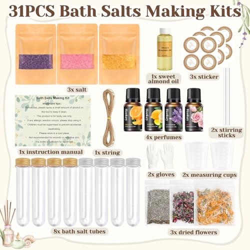 Bath Salts Making Kit- 31PCS DIY Bath Salts Making Kit, Make Your Own Sea Bath Salt, Relaxation Gifts for Women, Lavender, Rose, Body Care Spa Set, Organic Salt Scrubs Gifts for Women & Men