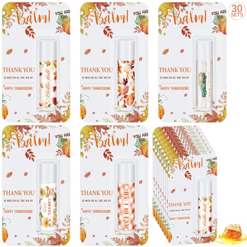 30 Pack Hello Fall Autumn Lip Balm Favors Bulk Fall Happy Thanksgiving Halloween Lip Balm Party Gifts Basket Stuffers Employee Staff Thank You Appreciation Gift for Women Men Teacher Coworkers