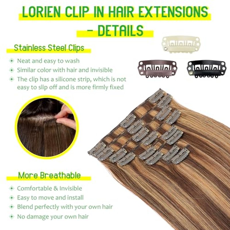 LORIEN Clip in Hair Extensions Real Human Hair, 14 Inch 80g, 4/27 Chocolate Brown to Caramel Blonde Color, Clip in 100% Brazilian Remy Human Hair Extensions 8pcs Per Set with 18 Clips Double Weft