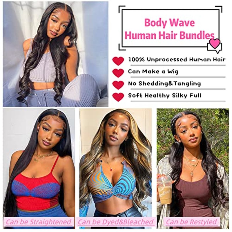 Body Wave Brazilian Virgin Bundles - Ocean Wave Natural Black 100% Unprocessed 3 Bundles (10 12 14 Inch) Weave Hair Extensions