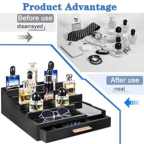 Cologne Organizer for Men, 5 Tier Wooden Perfume Organizer Display with Drawer and Hidden Compartment, Cologne Stand, Perfume Stand, Display Risers, Gift for Men (Black)