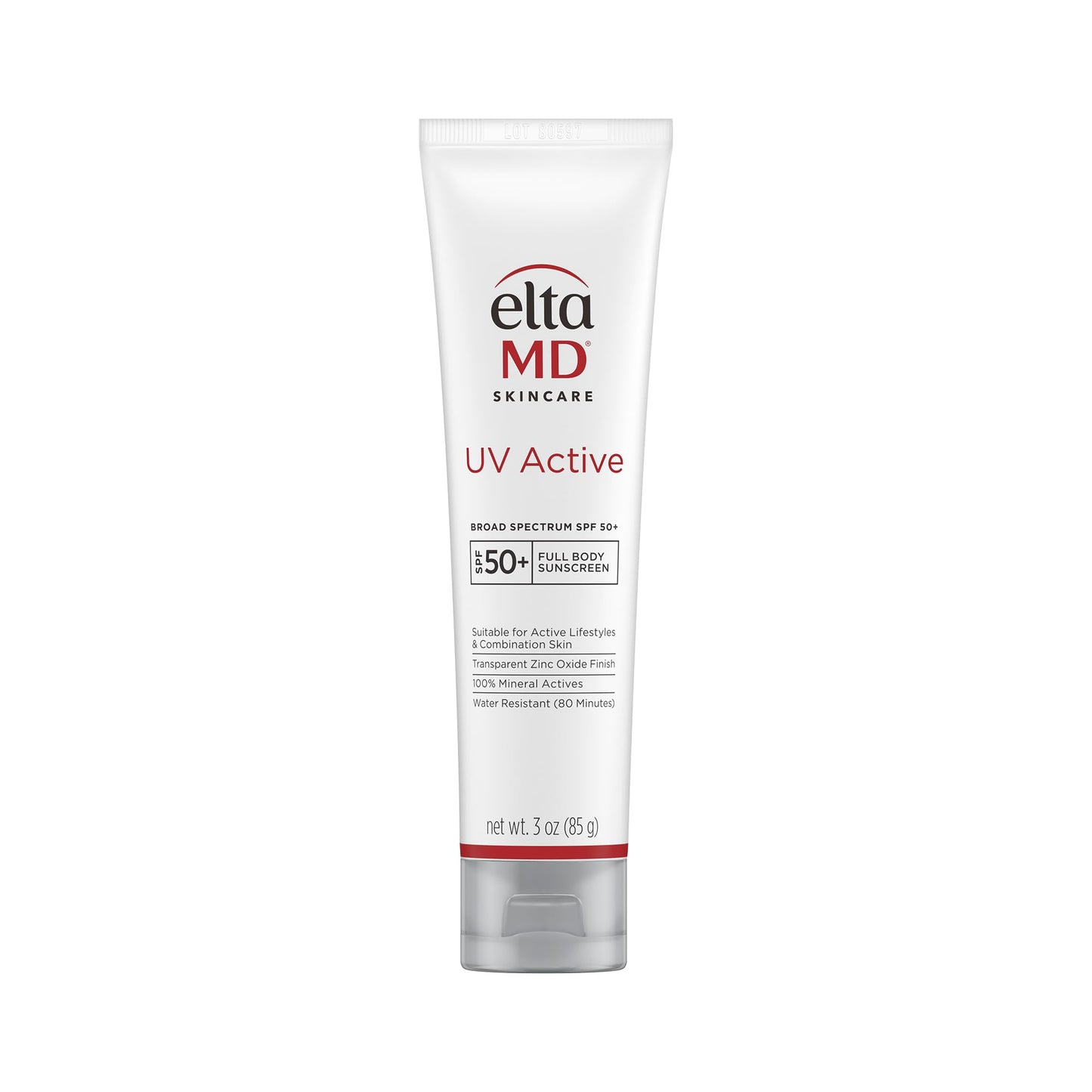 EltaMD UV Active 100% Mineral Sunscreen with Zinc Oxide, Water Resistant Sunscreen SPF 50+ Up to 80 Minutes, Oil Free SPF for Face and Body, 3.0 oz Tube