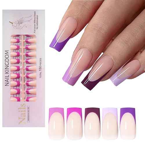 Press on Nails, 24 pcs French Press on Nails, Fake Ombre, Acrylic ons Glossy False Full Cover Glue on Soft Gel Stick on, for Women