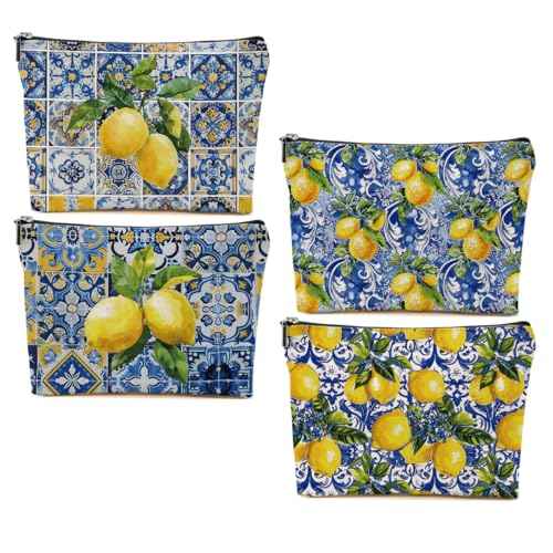 4pcs Lemon Cosmetic Bags for Women, Italy Pattern Design Aesthetics Makeup Bag, Christmas Birthday Gifts for Women Girls Friend Mom Lemon Lover Zipper Bags Travel Pouch for Sister Bestie