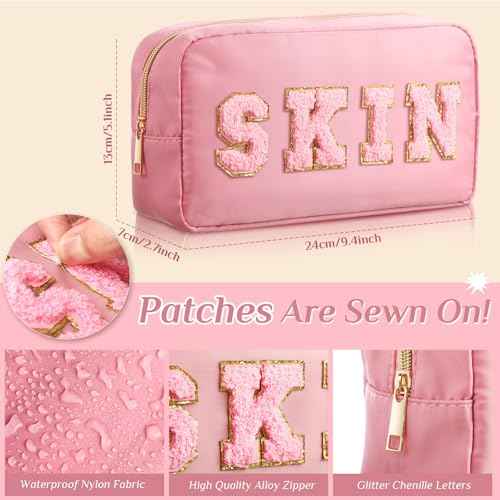 Remerry 4 PCS Nylon Cosmetic Bags Waterproof Spacious Travel Makeup Organizer for Women Chenille Letter Preppy Zipper Pouch Face Stuff Skin Hair Organizer Gift(Light Brown, Beige, Light Pink, White)