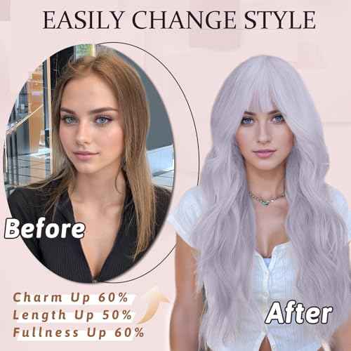NAYOO Gray Wigs with Bangs - Long Curly Wavy Synthetic Fiber Wigs for Daily Party Use - Heat Resistant - 26 Inches (Silver Gray)