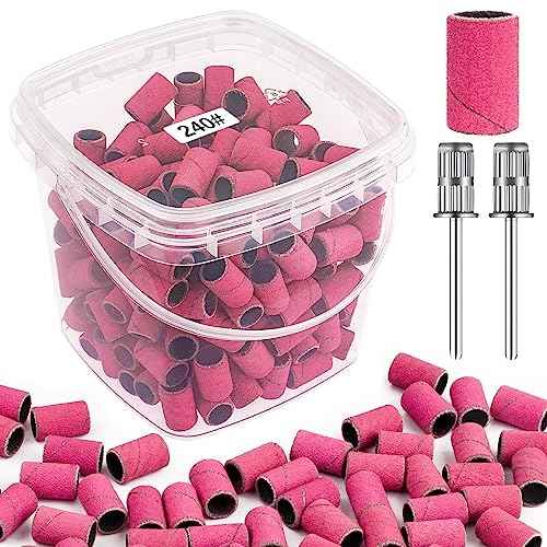 Rolybag Sanding Bands for Nail Drill 240 Grit Extreme Fine Nail Sanding Bands 200Pcs Pink Professional Sanding Bands and 2Pcs Nail Drill Bits for Manicures and Pedicure