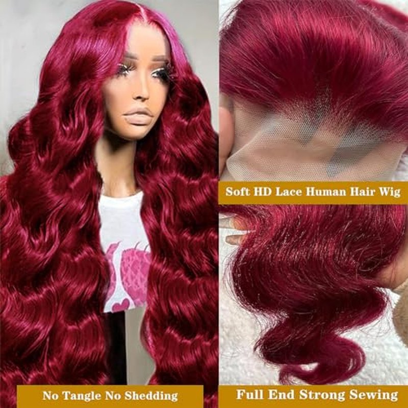 99j Burgundy Lace Front Wigs Human Hair 26 Inch 13x4 Body Wave Burgundy Lace Front Wigs 180 Density HD Transparent Glueless Wigs Human Hair Pre Plucked with Baby Hair