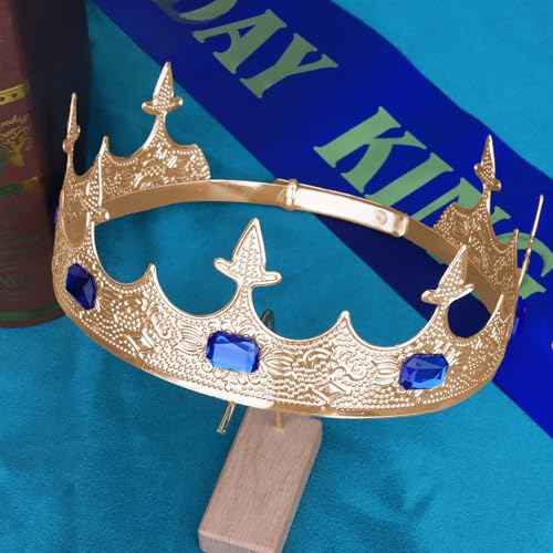 CURASA Birthday King Crowns for Men Gold Birthday Crown for Men Royal Blue Birthday King Sash and Crown Birthday Sash for Men Birthday Decoration Hair Accessories for Mens Party Prom