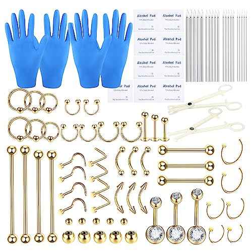 BLZ Piercing Kit Stainless Steel Piercing Needles 20G 18G 16G 14G 12G Belly Button Ring Ear Nose Septum Piercing Jewelry with Clamps Gloves Piercing Tools for Body Piercing