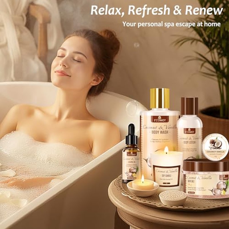 Bath and Body Gift Basket Set for Women - Coconut Vanilla Spa Gift Basket - Premium 21?Piece Luxury Bath & Body Gift Set for Self Care - Gift ready for Mothers Day, Christmas, Birthday Gifts