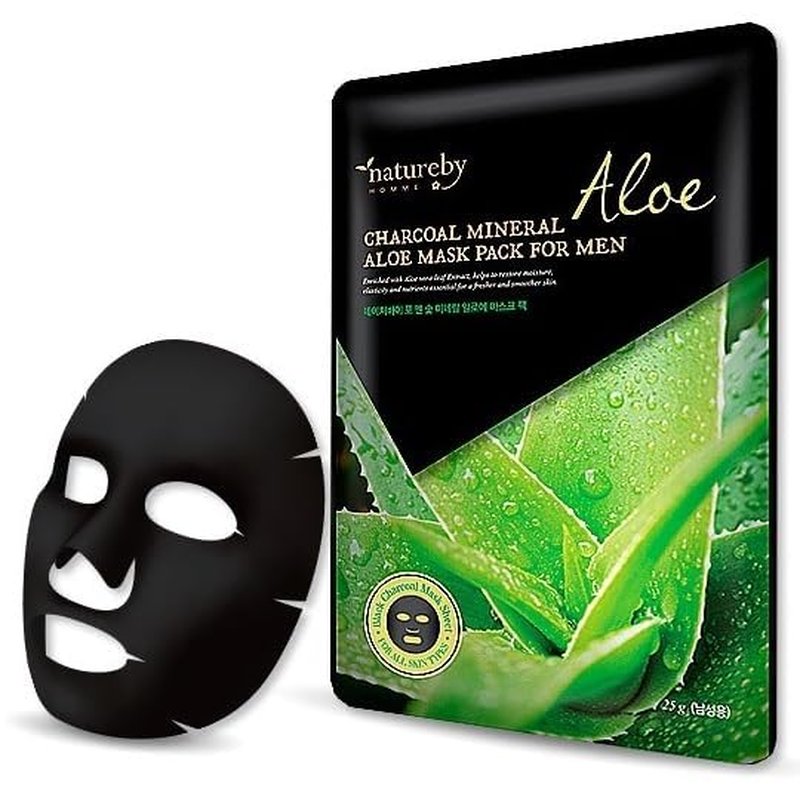 Charcoal Mineral Mask Pack for Men - Korean Skincare Face Treatment | Aloe Soothing, 10 Sheets