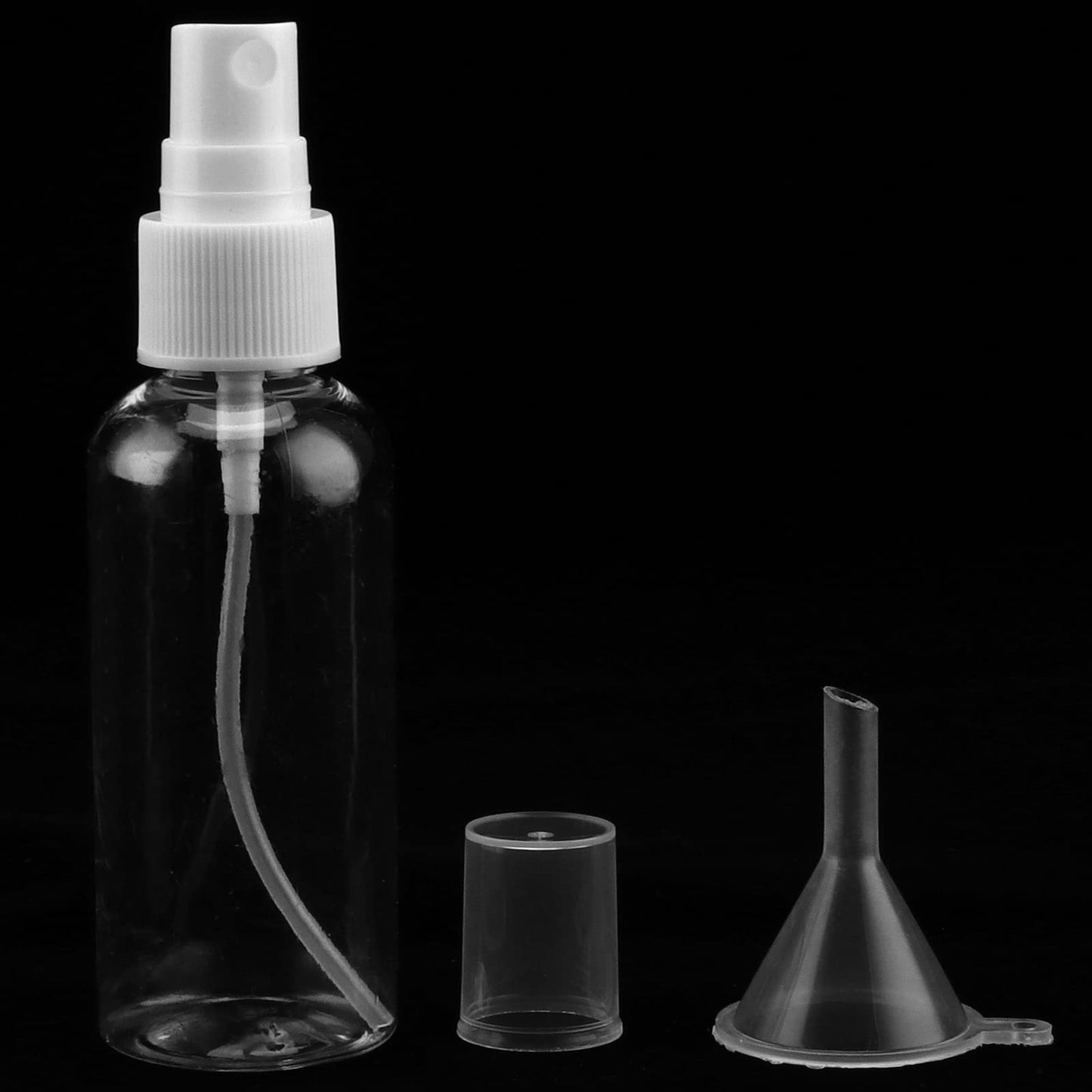 MANCHAP 60 Pack 2oz Plastic Travel Spray Bottles with Caps, Clear Mini Fine Mist Spray Bottles with 4 Funnels, Travel Size Refillable Containers for Essence, Hair Spray, Toner