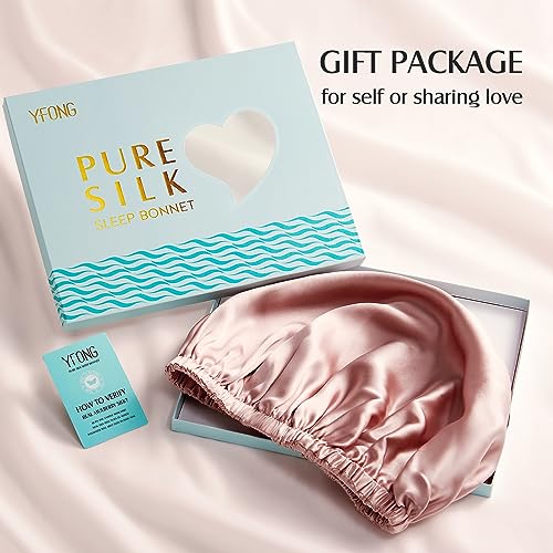 YFONG Double Layered 100% Silk Bonnet for Sleeping Women, 22 Momme Pure Mulberry Silk Sleep Cap with Adjustable Elastic Band Stay On Head£¬Reduce Frizz, Keep Hairstyle, Soft & Breathable, Pink, M