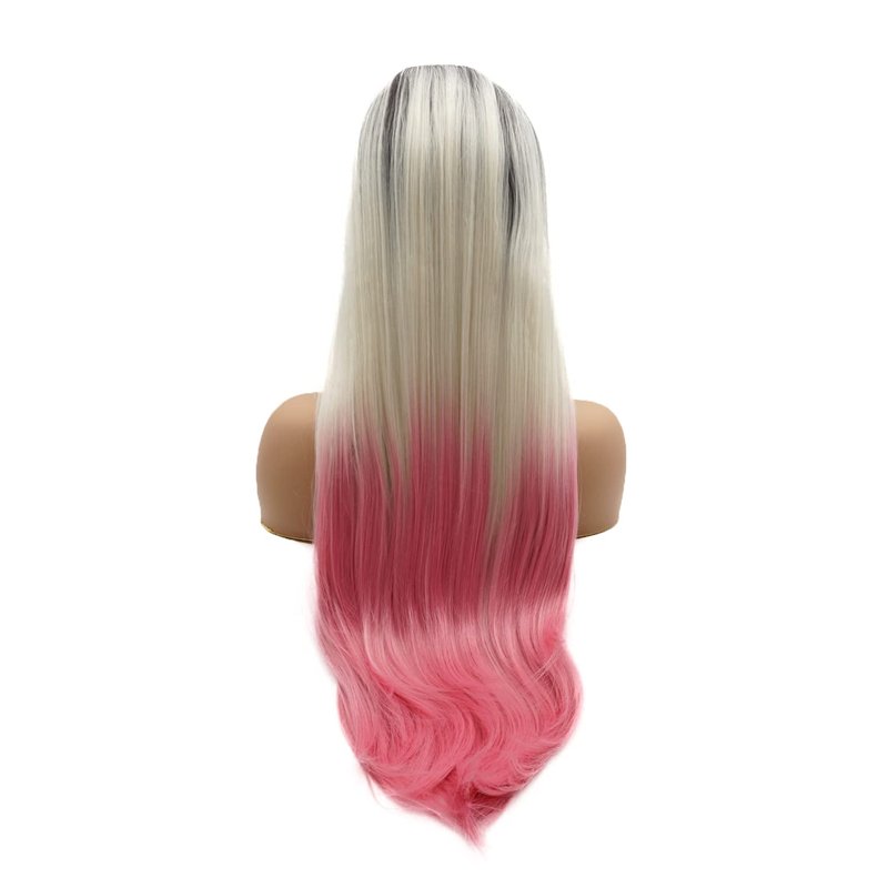 LUSHY BEAUTY Hair Synthetic Lace Front Wig Straight Super Long 28inch Dark Root Light Blonde Pink Ombre Heavy Density Heat Resistant Realistic Wig